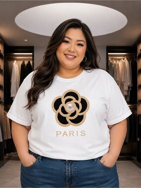 Paris Camellia White Graphic Tee - Women’s 2XL NWOT